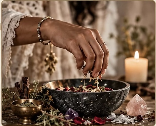 Ritual preparation with herbs and candle